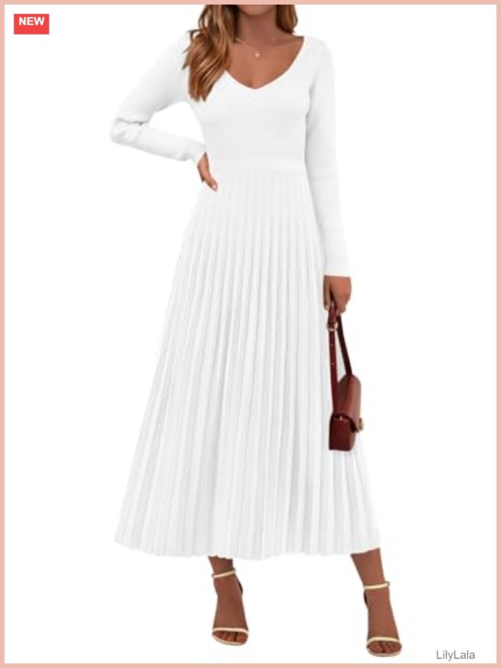 PRETTYGARDEN Ribbed Knit Sweater Maxi Dress Long Sleeve Pleated